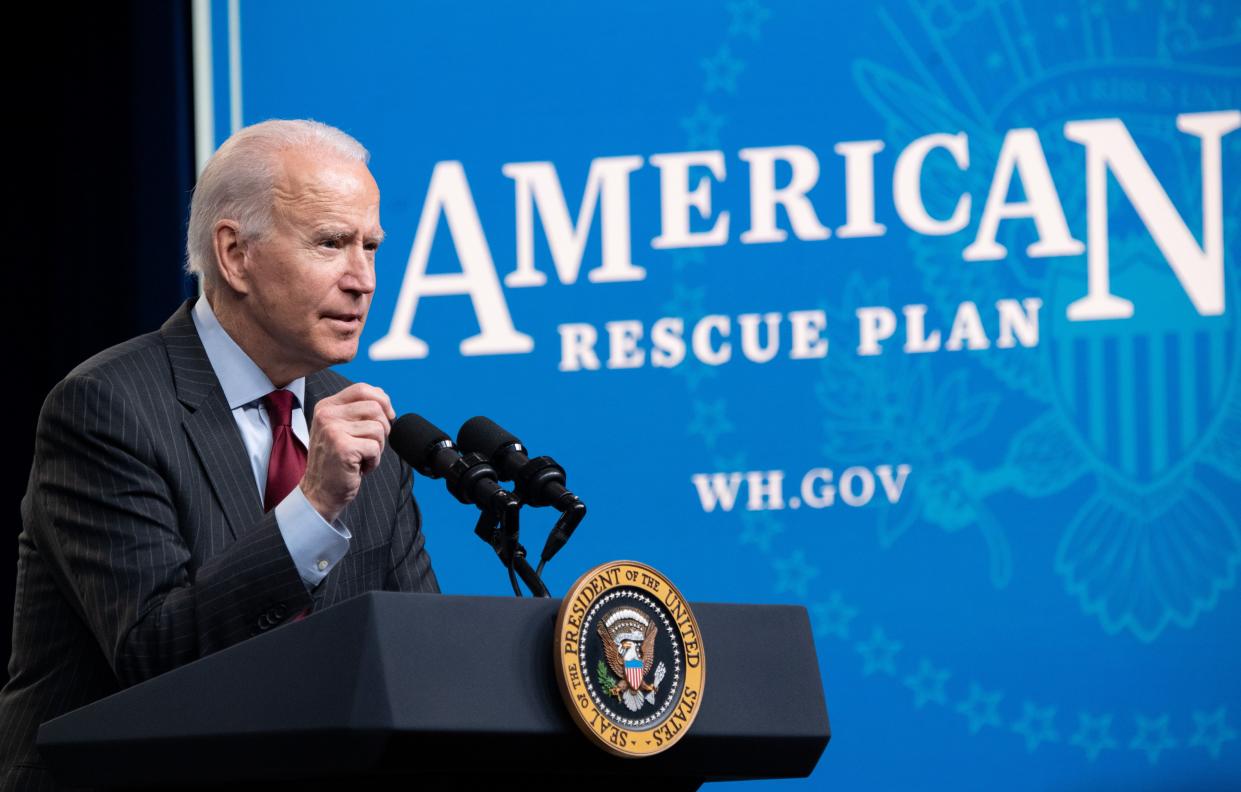US President Joe Biden speaks about the American Rescue Plan and the Paycheck Protection Program (PPP) for small businesses in response to coronavirus, in the Eisenhower Executive Office Building in Washington, DC, February 22, 2021. (Saul Loeb/AFP via Getty Images)