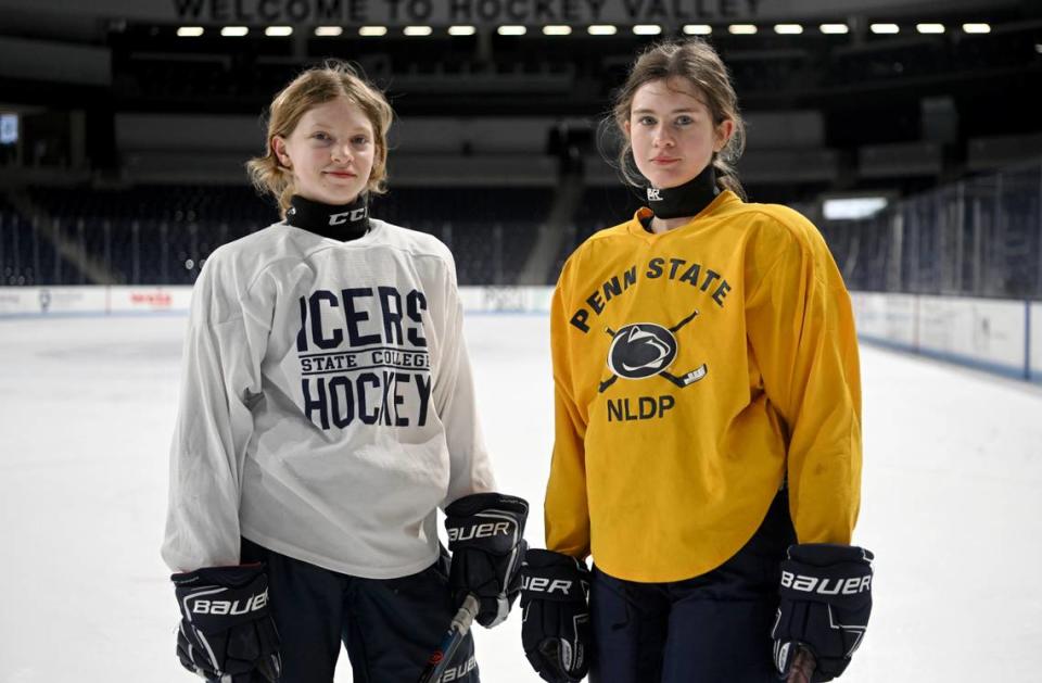 Quinn Hixson, 14 and Al Brooks, 13, pose for photo after a practice for the State College middle school hockey secondary team on Friday, March 17, 2023 at Pegula Ice Arena.