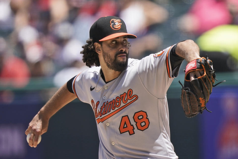 Baltimore Orioles starting pitcher Jorge Lopez delivers in the first inning of a baseball game against the Cleveland Indians, Thursday, June 17, 2021, in Cleveland. (AP Photo/Tony Dejak)