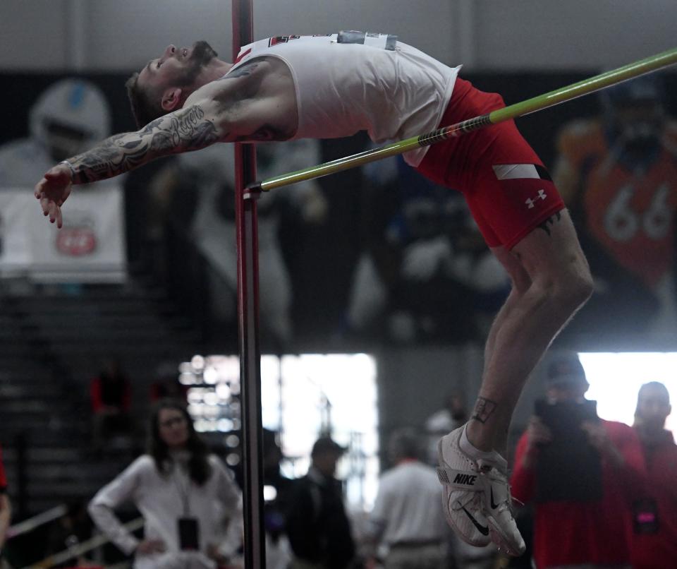 Texas Tech's Denim Rogers competes in the heptathlon high jump during Friday's first day of the Big 12 indoor track and field championships at the Sports Performance Center. Rogers is in second place through four of the seven events of the heptathlon. The meet concludes Saturday.