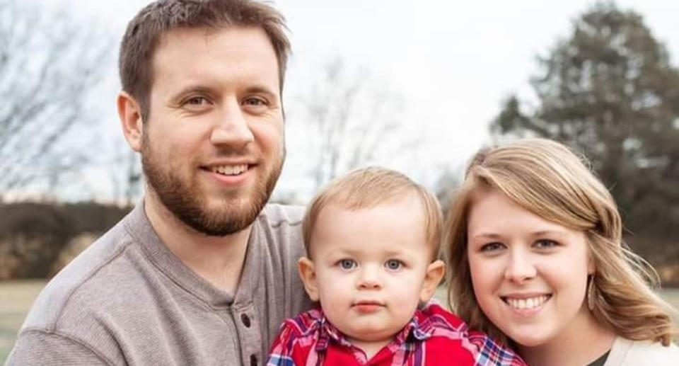 Josh Kimberlin (left), 2-year-old Sawyer (centre) and Erin Kimberlin (right) lost their lives after tornadoes ripped across Tennessee. Source: GoFundMe