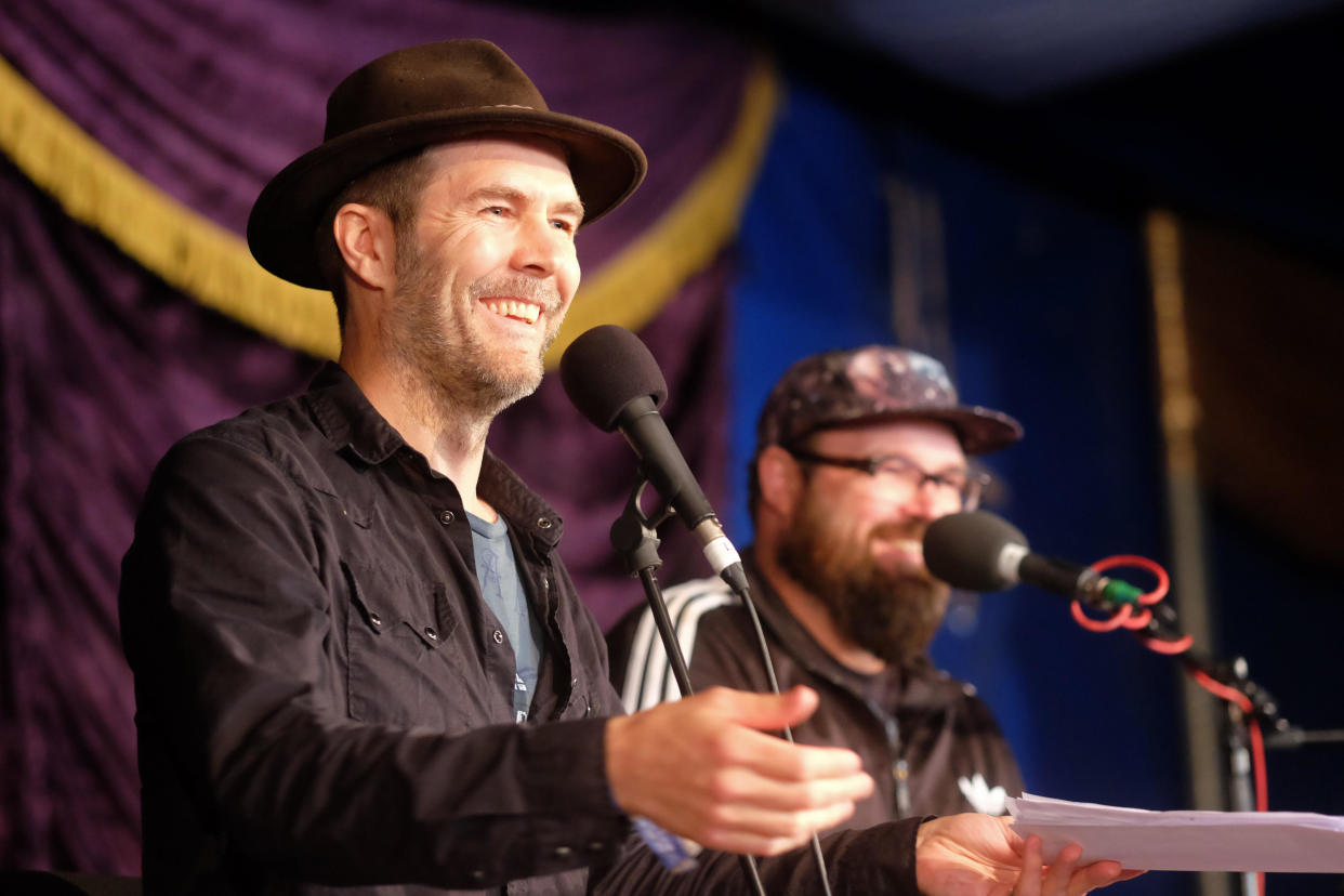 Green Man Festival, Wales, UK August 2016.   Comedian Rhod Gilbert on stage at the Green Man Festival - Over 25,000 music fans are due to attend over the weekend.