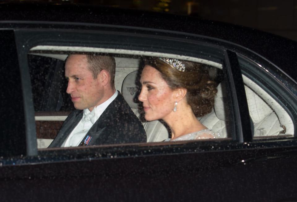 <p>Prince William and Duchess Kate arrived at the reception at Buckingham Palace. The Duchess of Cambridge <a rel="nofollow noopener" href="https://www.townandcountrymag.com/society/tradition/a10302981/cambridge-love-knot-tiara/" target="_blank" data-ylk="slk:wore the Lover's Knot tiara;elm:context_link;itc:0;sec:content-canvas" class="link ">wore the Lover's Knot tiara</a>, one of her favorite tiaras. </p>