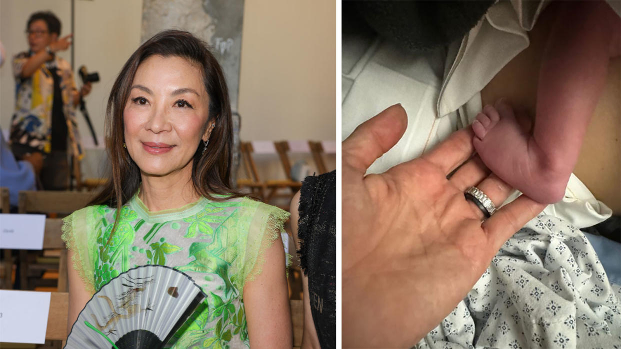 Actress Michelle Yeoh shared the image of her grandchild's foot on her official Instagram page. (Photo: Getty Images/@michelleyeoh_official)