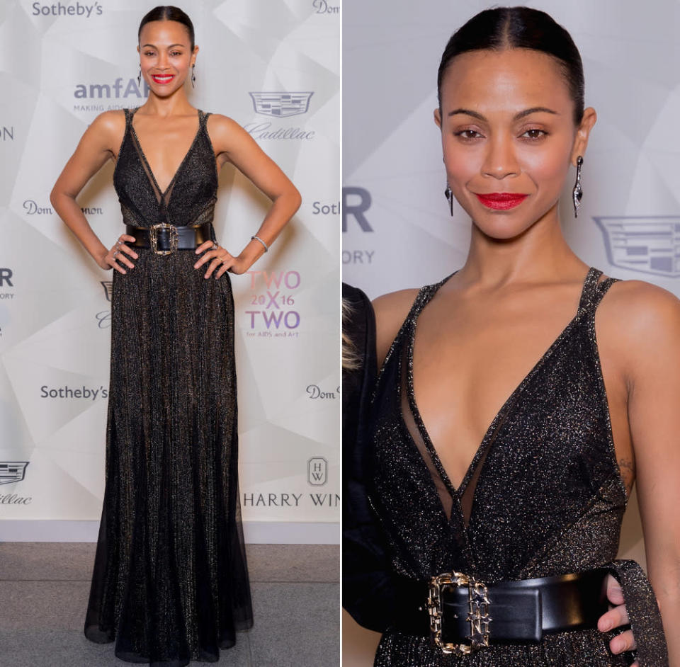 Wie immer makellos, was aber auch ihrer traumhaft ausgewogenen Figur zu verdanken ist: Schauspielerin Zoe Saldana auf der Charity-Gala „TWO x TWO For AIDS“ in einer wunderbar schlichten Robe von Elie Saab. (Bilder: Getty Images)