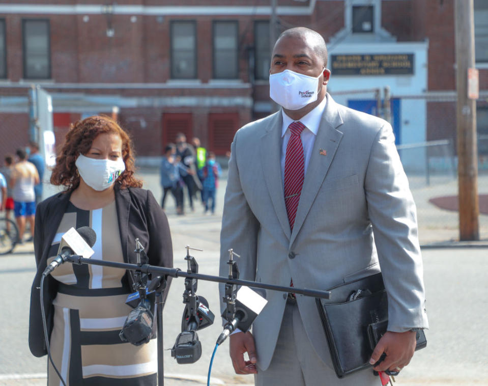 Rhode Island Education Commissioner Angelica Infante-Green and Providence Superintendent Harrison Peters. (Matthew J. Lee/The Boston Globe / Getty Images)