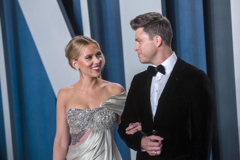 Scarlett Johansson and Colin Jost attend the Vanity Fair Oscar Party at Wallis Annenberg Center for the Performing Arts in Beverly Hills on Feb. 9, 2020. - Credit: Hubert Boesl/picture-alliance/dpa/AP Images