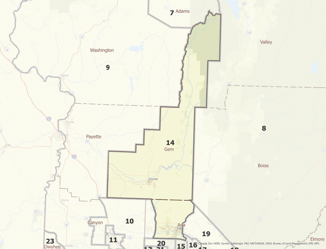 A map of Legislative District 9, which encompasses a portion of Ada County and all of Gem County.