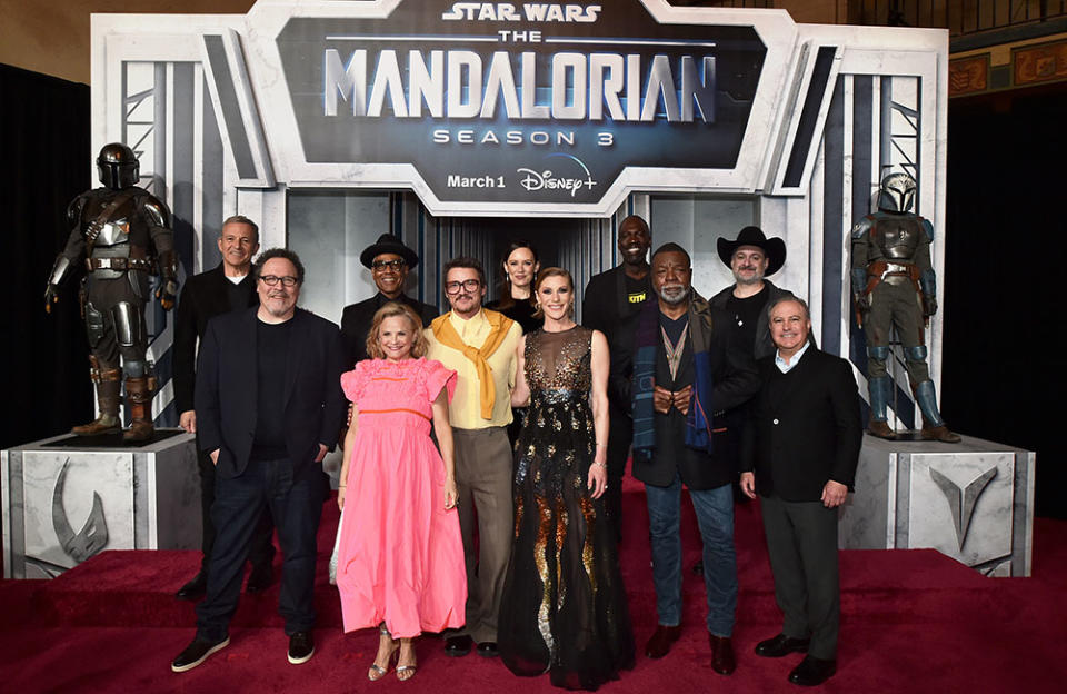 (L-R) The Walt Disney Company CEO Bob Iger, Showrunner/Executive Producer Jon Favreau, Giancarlo Esposito, Amy Sedaris, Pedro Pascal, Emily Swallow, Katee Sackhoff, Executive Producer Rick Famuyiwa, Carl Weathers, Executive Producer Dave Filoni and Alan Bergman, Chairman of Disney Studios Content attend the Mandalorian special launch event at El Capitan Theatre in Hollywood, California on February 28, 2023.