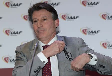 Sebastian Coe, IAAF's President, attends the IAAF press conference in Monaco, November 26, 2015. REUTERS/Jean-Pierre Amet