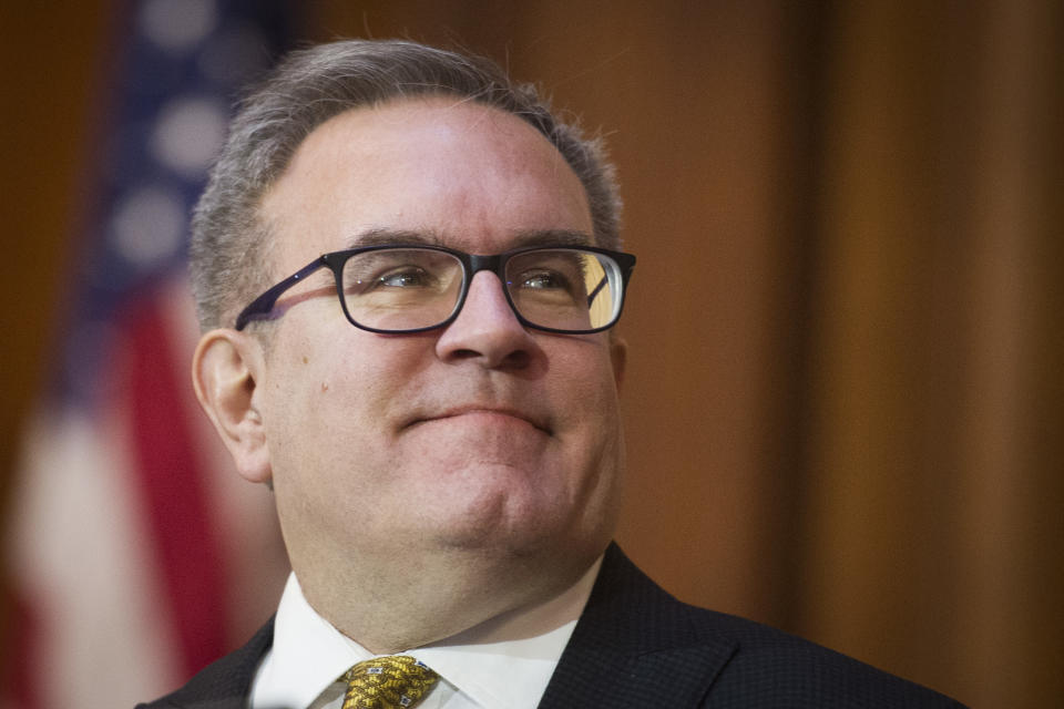 FILE - In this Dec. 11, 2018 file photo, Acting EPA Administrator Andrew Wheeler is shown at EPA headquarters in Washington. The Trump administration broke off talks with California on Thursday in the administration’s push to freeze vehicle mileage standards, moving the two closer to a possible court battle that threatens to unsettle the auto industry. (AP Photo/Cliff Owen)