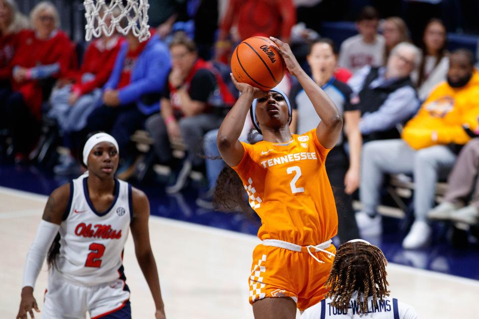 Lady Vols forward Rickea Jackson takes a shot during Tennessee's game against Ole Miss at The SJB Pavilion in Oxford, Mississippi on Jan. 28, 2024.