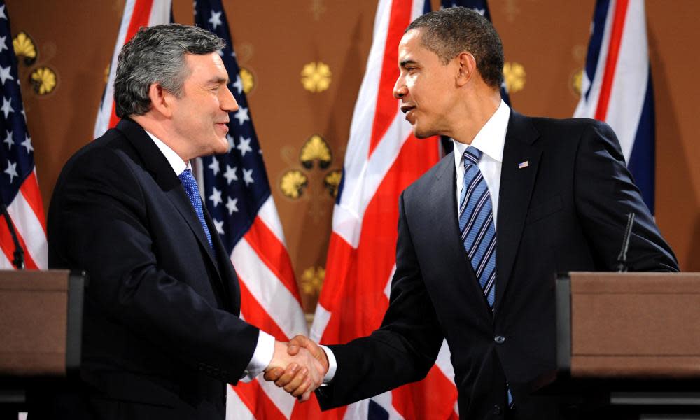 Gordon Brown and Barack Obama shake hands following a press conference at the Foreign and Commonwealth Office in London, 2009.