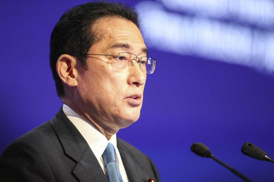 Prime Minister of Japan, Fumio Kishida delivers the keynote speech of the forum at the Shangri La Hotel during the 19th International Institute for Strategic Studies (IISS) Shangri-la Dialogue, an annual defence and security forum in Asia, in Singapore, Friday, June 10, 2022. (AP Photo/Danial Hakim)