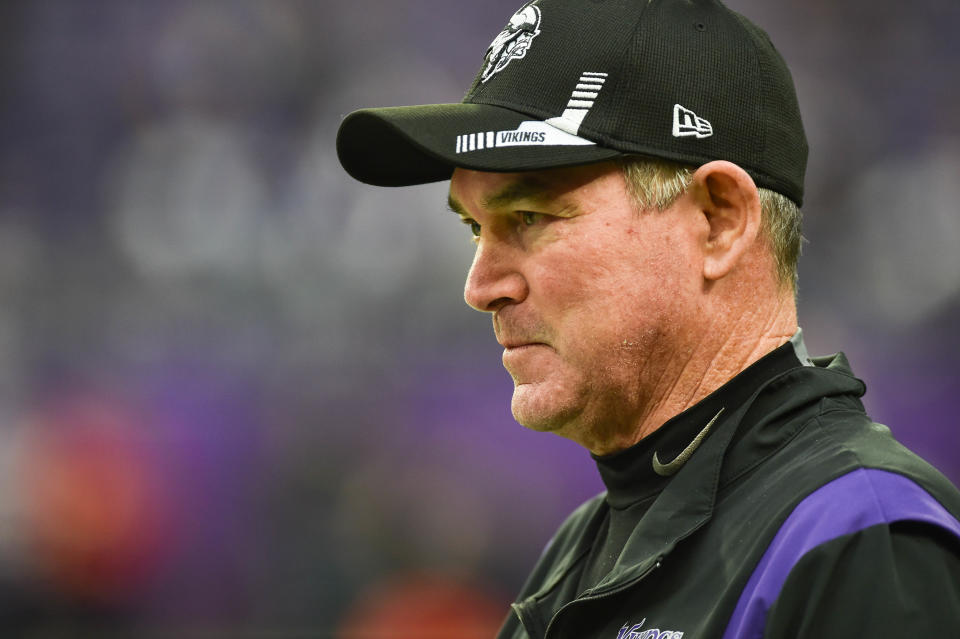 Minnesota Vikings head coach Mike Zimmer walks onto the field before the game against the Los Angeles Rams at U.S. Bank Stadium.