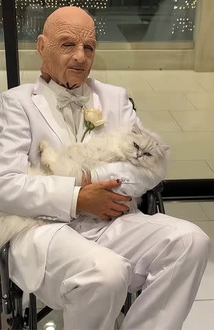 <p>Kate Beckinsale/Instagram</p> Kate Beckinsale in costume as an old man with her cat Willow