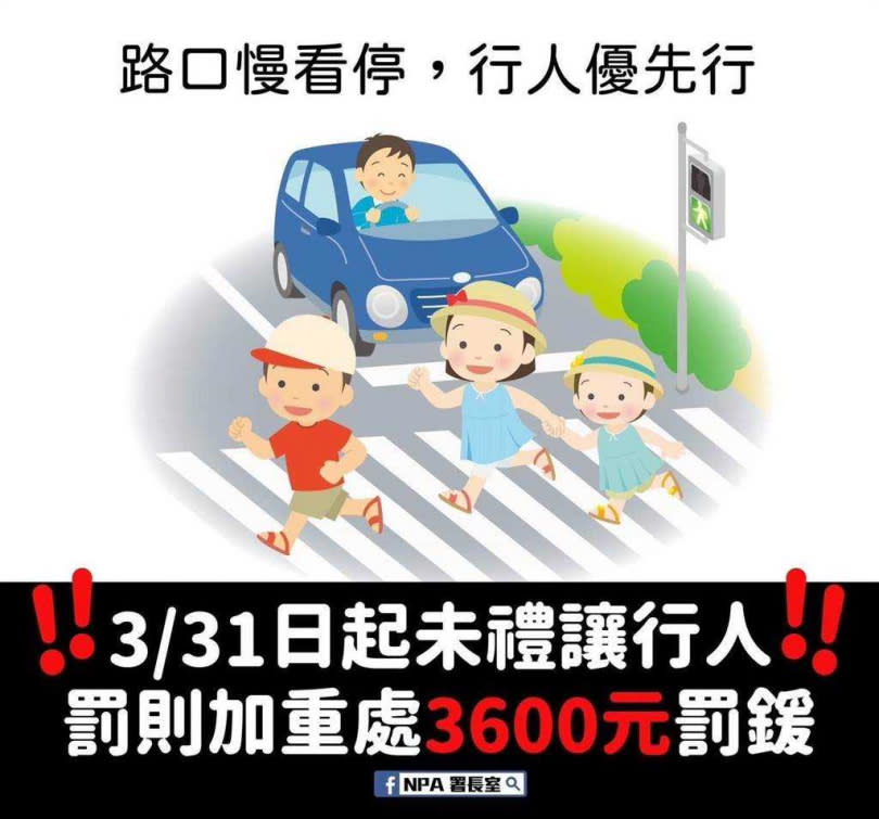 從3月31日起，開車不禮讓行人將開罰3600元。（圖／翻攝照片）