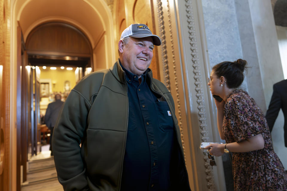 FILE - U.S. Sen. Jon Tester, D-Mont., leaves the chamber as the Senate prepares to advance the $95 billion aid package for Ukraine, Israel and Taiwan passed by the House, April 23, 2024, at the Capitol in Washington. Montana voters in the primary election, Tuesday, June 4, will select a Republican to challenge Tester in November. (AP Photo/J. Scott Applewhite, File)