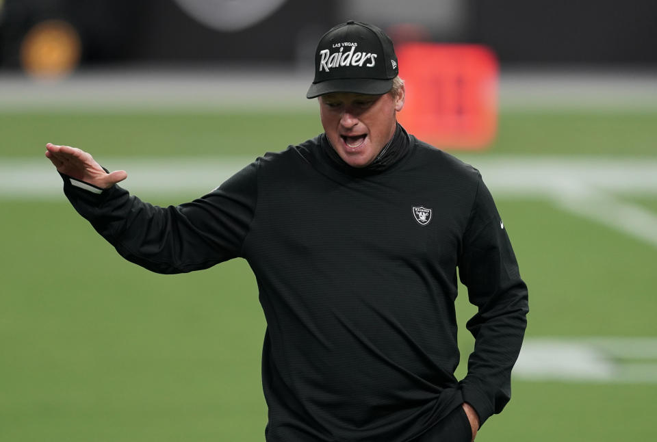 Las Vegas Raiders head coach Jon Gruden before a NFL game against the New Orleans Saints at Allegiant Stadium. Mandatory Credit: Kirby Lee-USA TODAY Sports