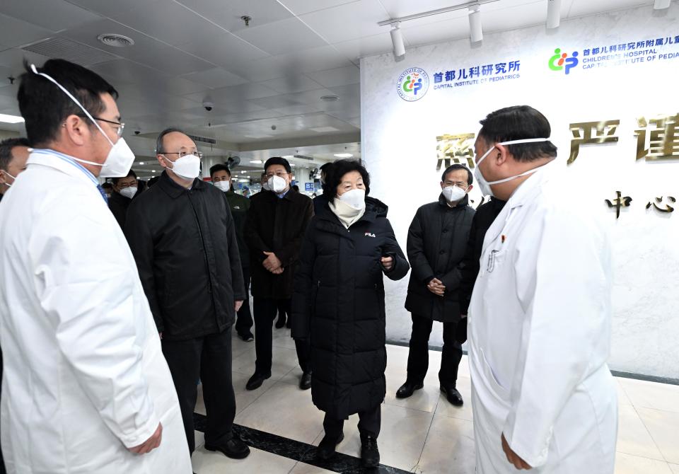 Chinese Vice Premier Sun Chunlan inspects the Capital Institute of Pediatrics in Beijing, China, December 13, 2022, amid the ongoing COVID-19 pandemic.  / Credit: Yan Yan/Xinhua/Getty