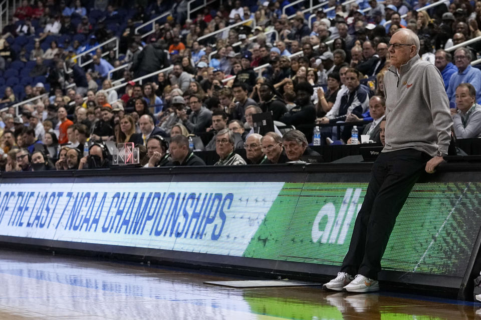 Syracuse head coach Jim Boeheim watches during their loss against Wake Forest in the second half of an NCAA college basketball game at the Atlantic Coast Conference Tournament, Wednesday, March 8, 2023, in Greensboro, N.C. (AP Photo/Chris Carlson)