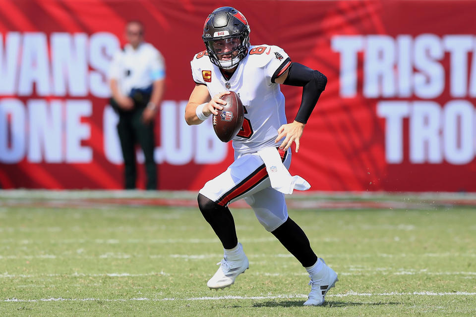 TAMPA, FL - SEPTEMBER 22: Tampa Bay Buccaneers Quarterback Baker Mayfield (6) scrambles for yardage during the game between the Denver Broncos and the Tampa Bay Buccaneers on September 22, 2024 at Raymond James Stadium in Tampa, Florida. (Photo by Cliff Welch/Icon Sportswire via Getty Images)