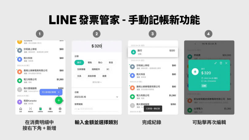 LINE發票管家推出「手動記帳新功能」，方便有記帳需求的用戶能更精準記錄花費。（圖／LINE提供）