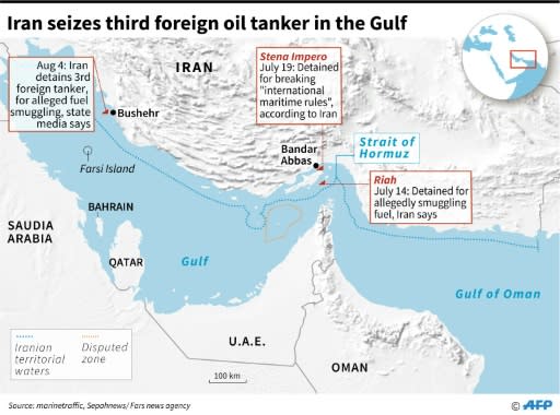 Map showing the location of foreign oil tankers seized by Iran