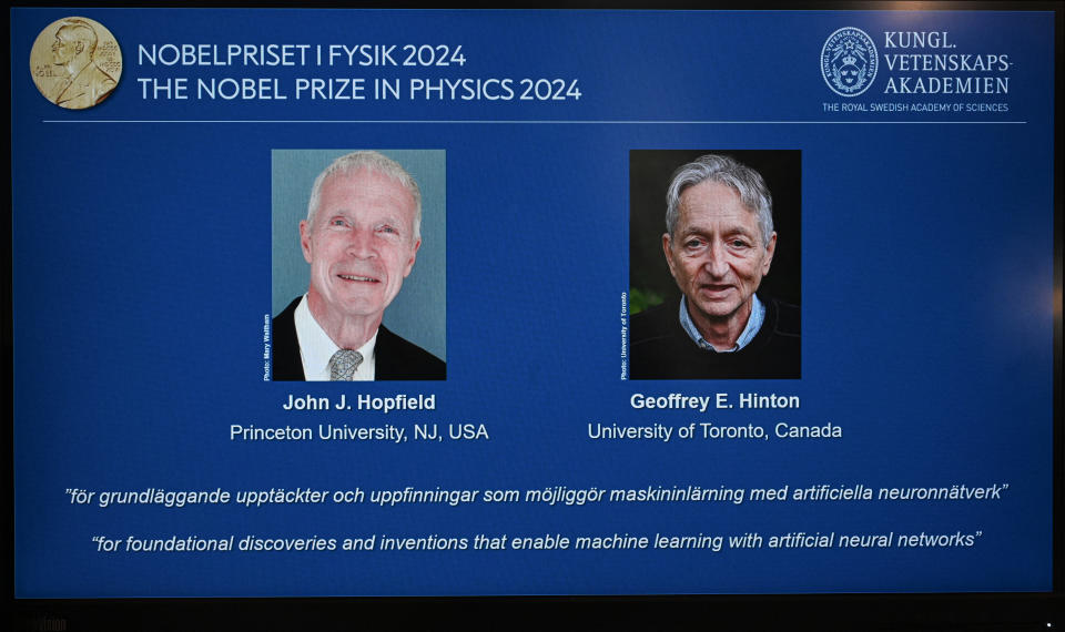 A screen shows the laureats of the 2024 Nobel Prize in Physics, US physicist John J Hopfield and Canadian-British computer scientist and cognitive psychologist Geoffrey E Hinton, during the announcement by the Royal Swedish Academy of Sciences in Stockholm, Sweden on October 8, 2024. The Royal Swedish Academy of Sciences has decided to award the 2024 Nobel Prize in Physics US physicist John J Hopfield and Canadian-British computer scientist and cognitive psychologist Geoffrey E Hinton 