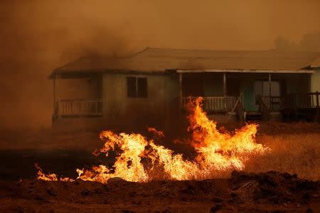 Grass burns in front of a home near along Wilburs Way during the Detwiler fire in Mariposa, California U.S. July 19, 2017. REUTERS/Stephen Lam