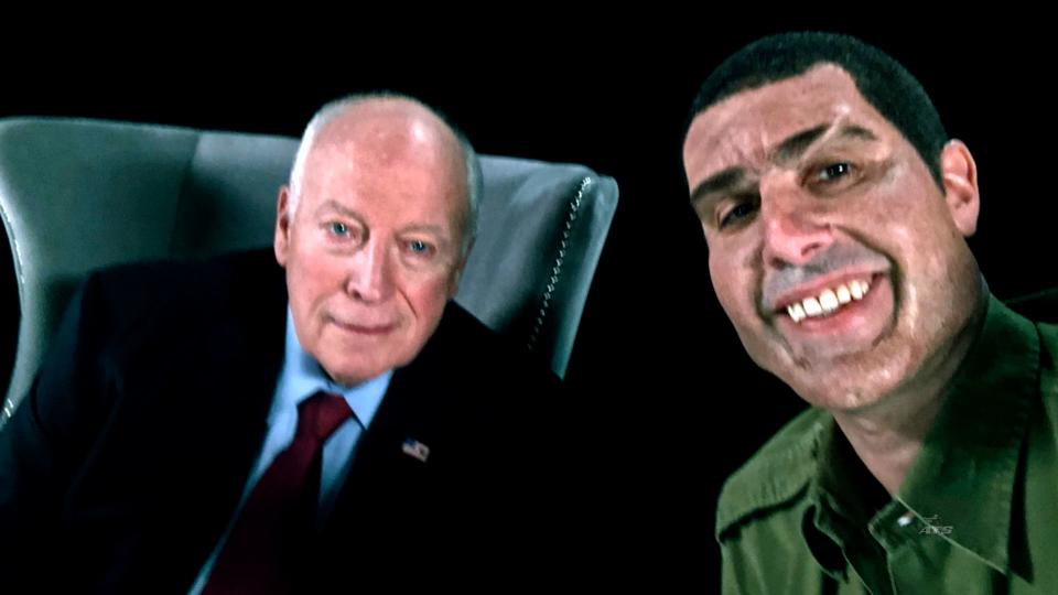 This image released by Showtime shows former Vice President Dick Cheney, left, and actor Sacha Baron Cohen, portraying retired Israeli Colonel Erran Morad in a still from "Who Is America?"