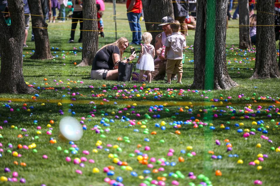 Families wait for the egg hunt during Easter on the Prairie at Mollie Spencer Farm in Yukon, Okla., on Saturday, April 8, 2023.