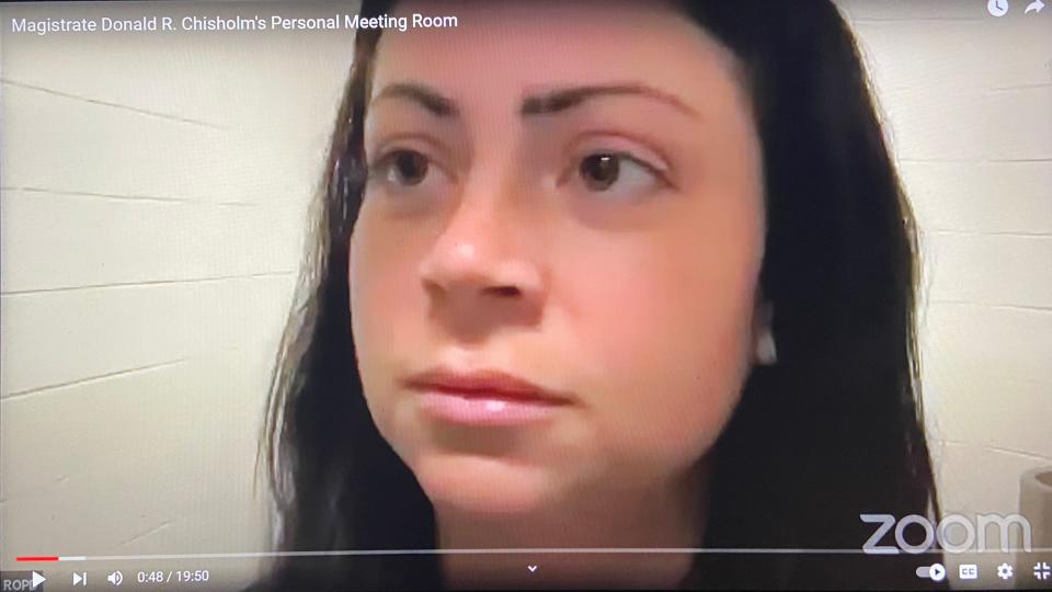 Randi Lucille Nord, 35, of Clinton Township, appears from jail via video on a Zoom broadcast during her arraignment May 3 in connection with vandalism of the Woodward Avenue Shul, a synagogue in Royal Oak, Michigan, on April 27, 2003. A Nazi swastika and the word "AZOV" was seen spray painted on the Jewish center. She said she wanted to pin the blame on Azov, a Ukrainian militia, police said.