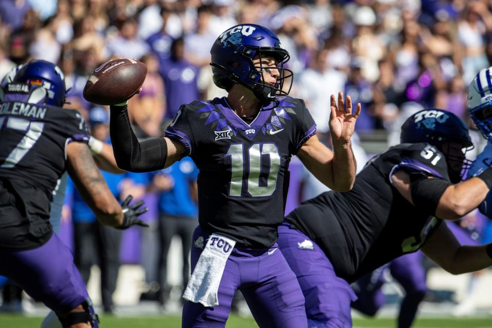 TCU redshirt freshman quarterback Josh Hoover (10) made his first collegiate start last week against BYU and threw for 439 yards and four touchdowns in the Horned Frogs' 44-11 victory.