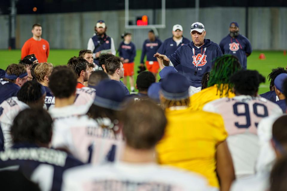 Auburn football coach Hugh Freeze during spring practice at the Woltosz Football Performance Center on Feb. 27, 2023.