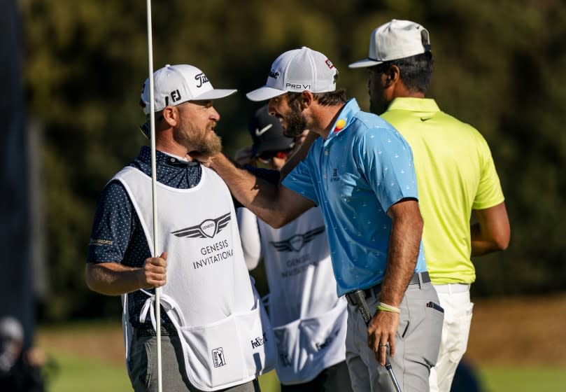 PACIFIC PALISADES, CA - FEBRUARY 21, 2021: Max Homa reacts with his caddy.