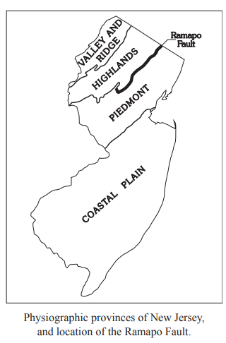 A map showing the physiographic provinces in New Jersey, and the location of the Ramapo Fault.