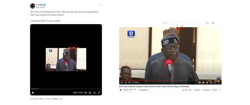 <span>A comparison of the video from X (left) and ChannelsTV’s YouTube channel (right)</span>