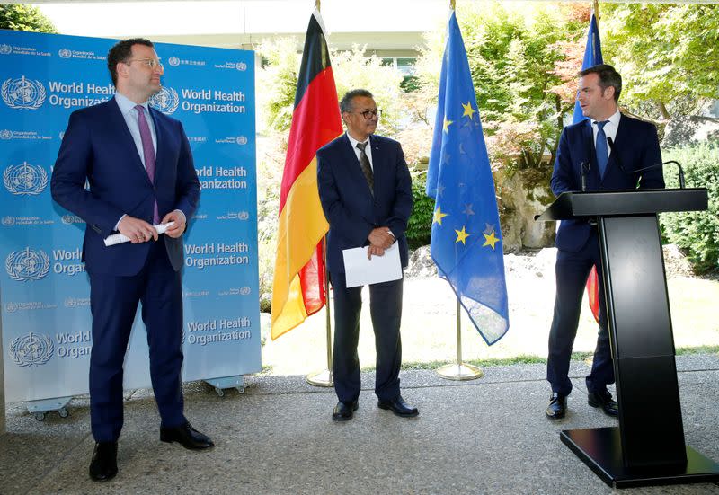 France's Minister for Solidarity and Health Olivier Veran, speaks during a news conference in Geneva