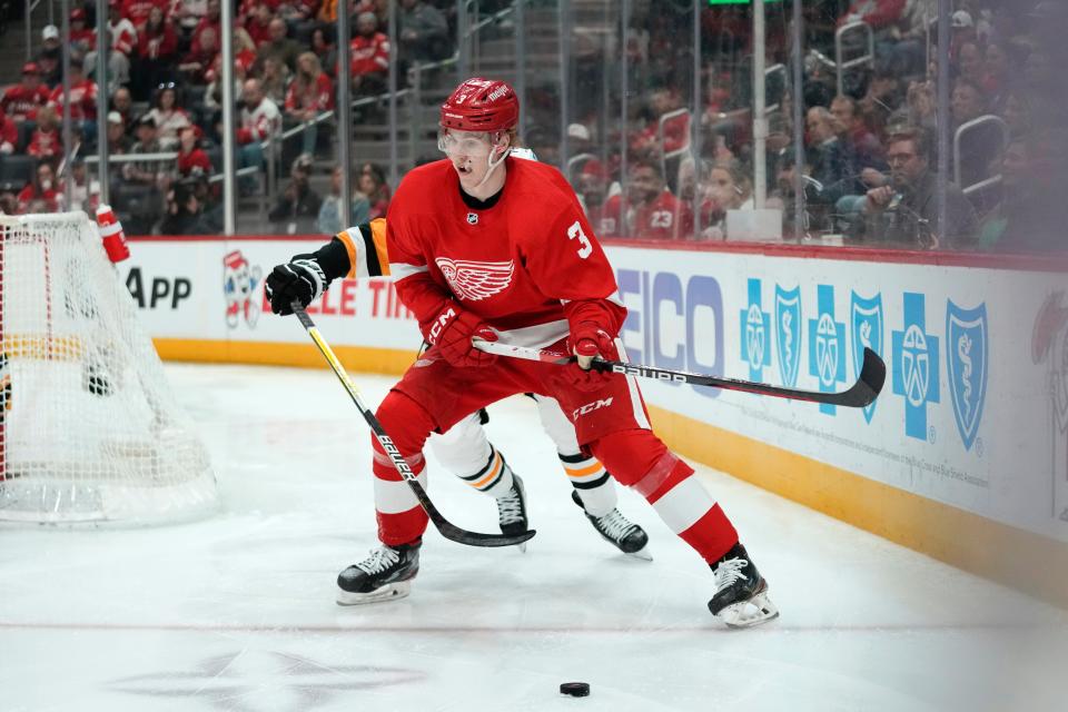 Red Wings defenseman Simon Edvinsson plays against the Penguins in the third period of the Wings'  5-1 loss on Saturday, April 8, 2023, at Little Caesars Arena.