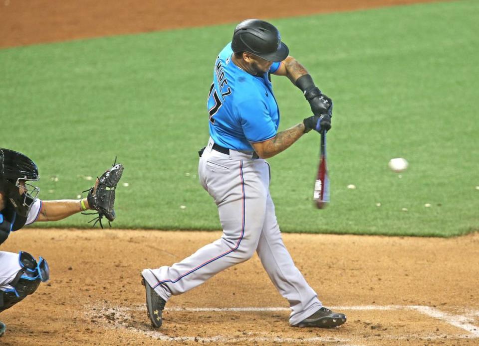 Miami Marlins Harold Ramirez (47) during a simulated game at Marlins Park, Miami, Florida, July 9, 2020.