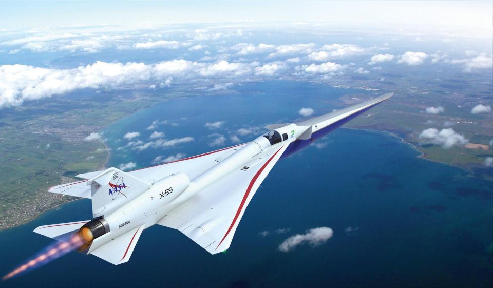 Artist concept of NASA's experimental X-59 quiet supersonic aircraft in flight over land and water.