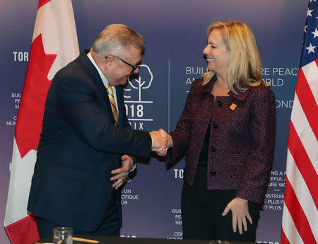 U.S. Secretary of Homeland Security Kirstjen Nielsen meets with Canada's Minister of Public Safety Ralph Goodale for bilateral talks on the second day of Foreign ministers from G7 countries meetings in Toronto, Ontario, Canada April 23, 2018. REUTERS/Fred Thornhill