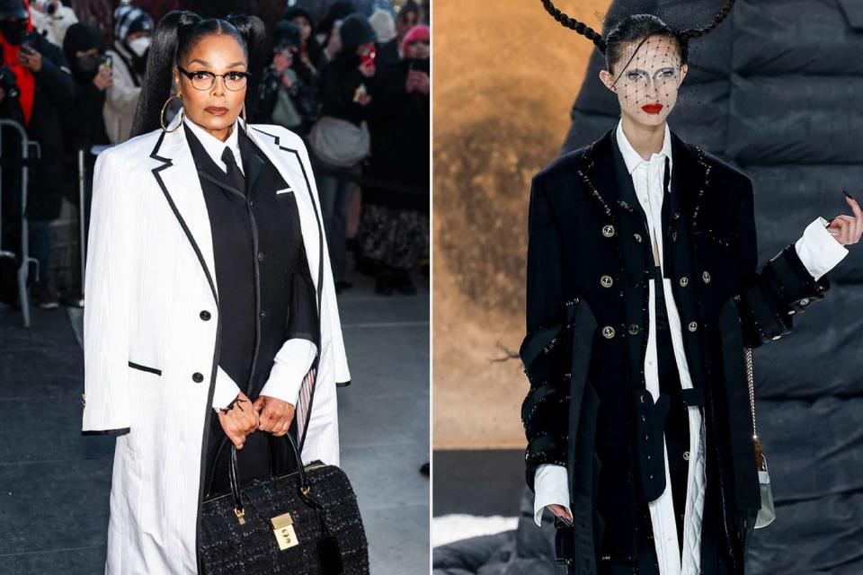 <p>Gotham/GC; Victor VIRGILE/Gamma-Rapho via Getty</p> Janet Jackson at the Thom Browne show, a model in the Thom Browne show