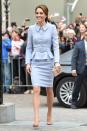 <p>The Duchess wears a powder blue peplum jacket and skirt by Catherine Walker, nude suede pumps and a nude box clutch while visiting the Mauritshuis art gallery in the Netherlands. This marks her first time traveling solo, without the company of the royal family or her husband Prince William.</p>