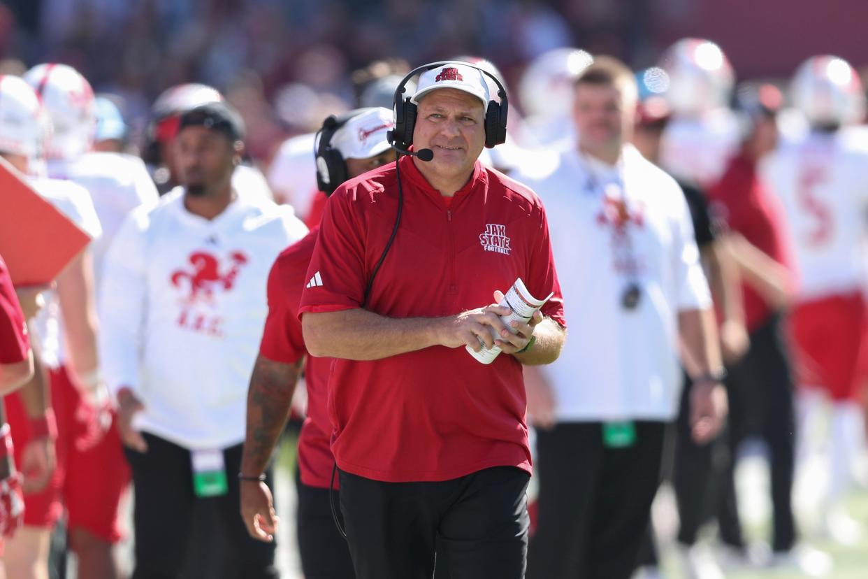 Jacksonville State head coach Rich Rodriguez smiles after his team ties the game 14-14 during the first half of an NCAA college football game against South Carolina on Saturday, Nov. 4, 2023, in Columbia, S.C. (AP Photo/Artie Walker Jr.)