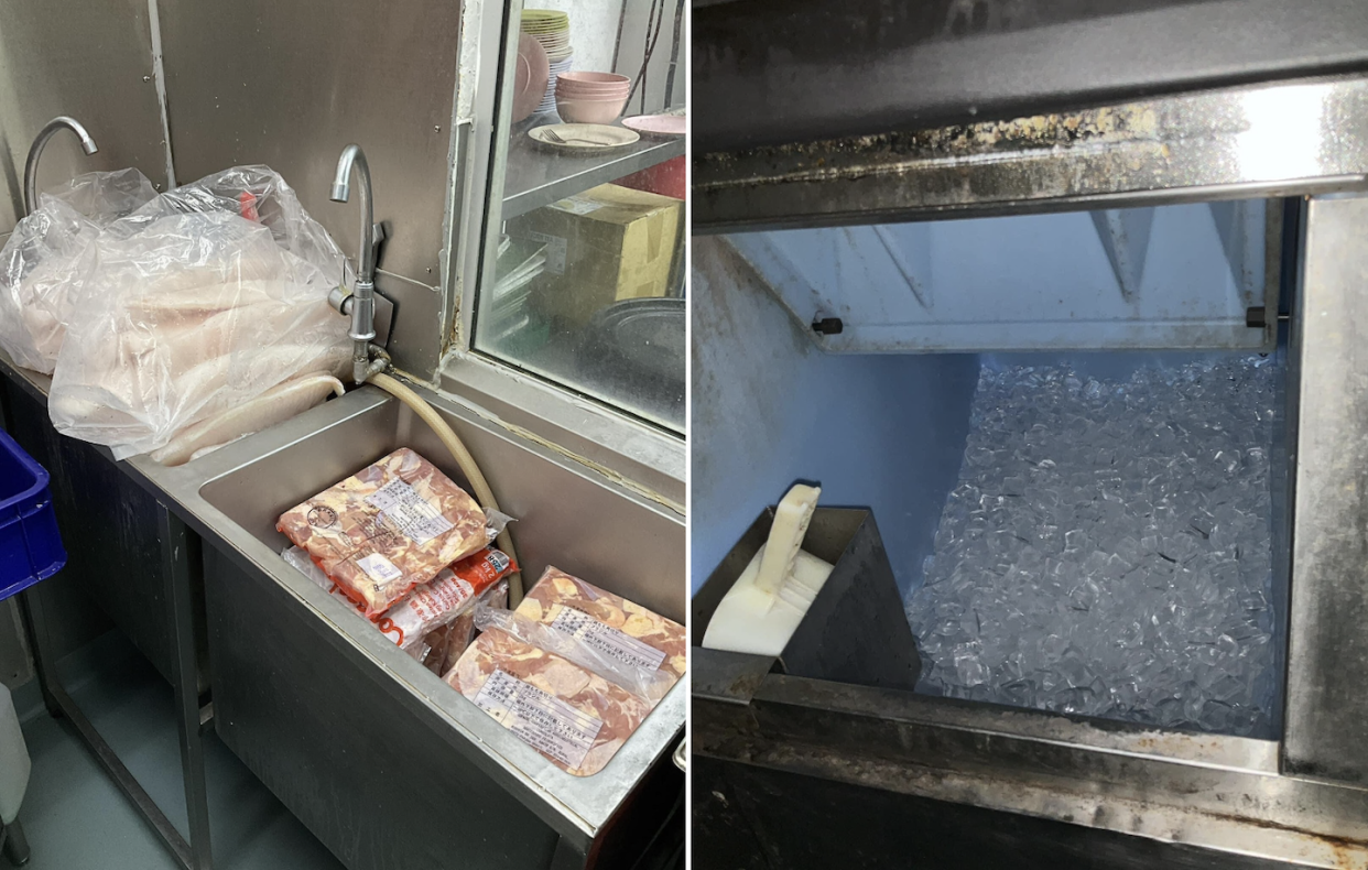 Some lapses found at LPH Catering included improper thawing of meat (left) and having a dirty ice machine (Photos: SFA)