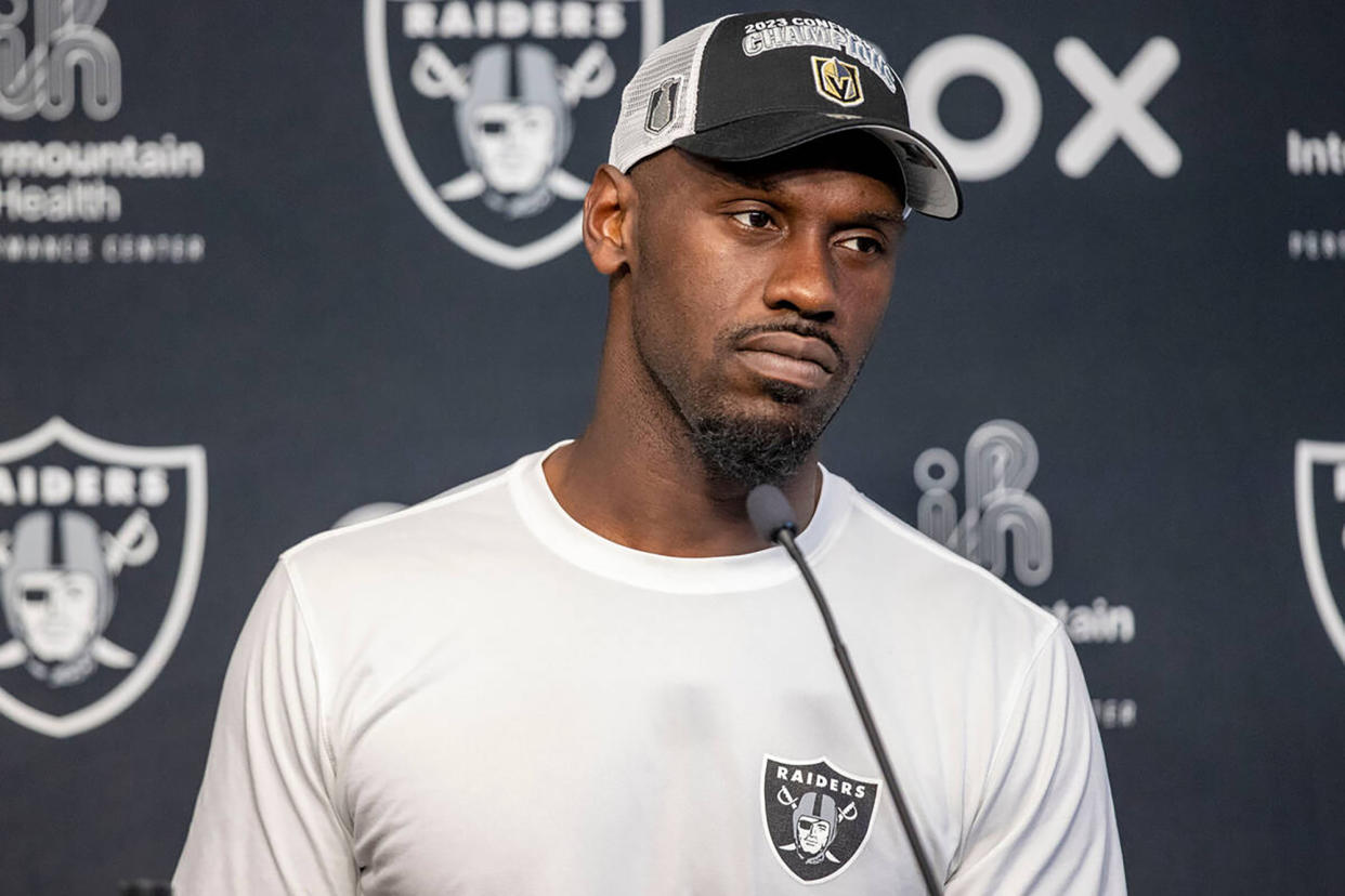Las Vegas Raiders defensive end Chandler Jones takes questions during a news conference at Intermountain Health Performance Center on June 1, 2023, in Henderson, Nevada. (Heidi Fang/Las Vegas Review-Journal/Tribune News Service via Getty Images)