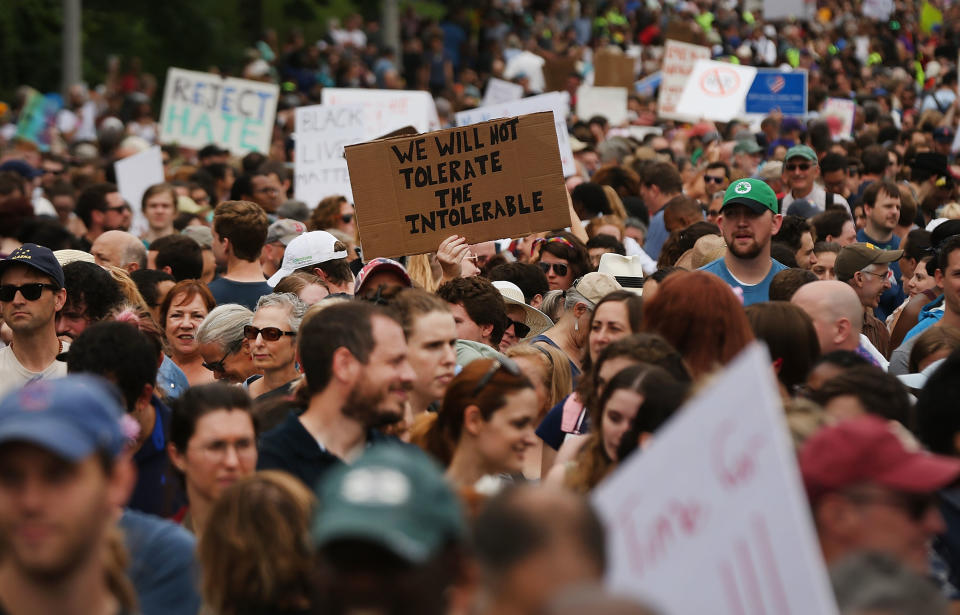 Thousands of protesters gathered in Boston last year to march against a planned "Free Speech Rally" just one week after the violent "Unite the Right" rally in Virginia left one woman dead and dozens more injured. (Photo: Spencer Platt via Getty Images)