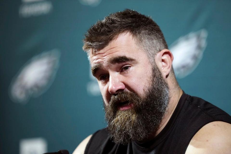 Philadelphia Eagles’ Jason Kelce announces his retirement during a press conference in Philadelphia on Monday, March 4, 2024. (AP Photo/Matt Rourke)